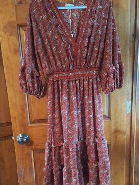 Max Studio Rust Floral Smocked-Waist Maxi Dress MAX STUDIOS L Large NWT $138